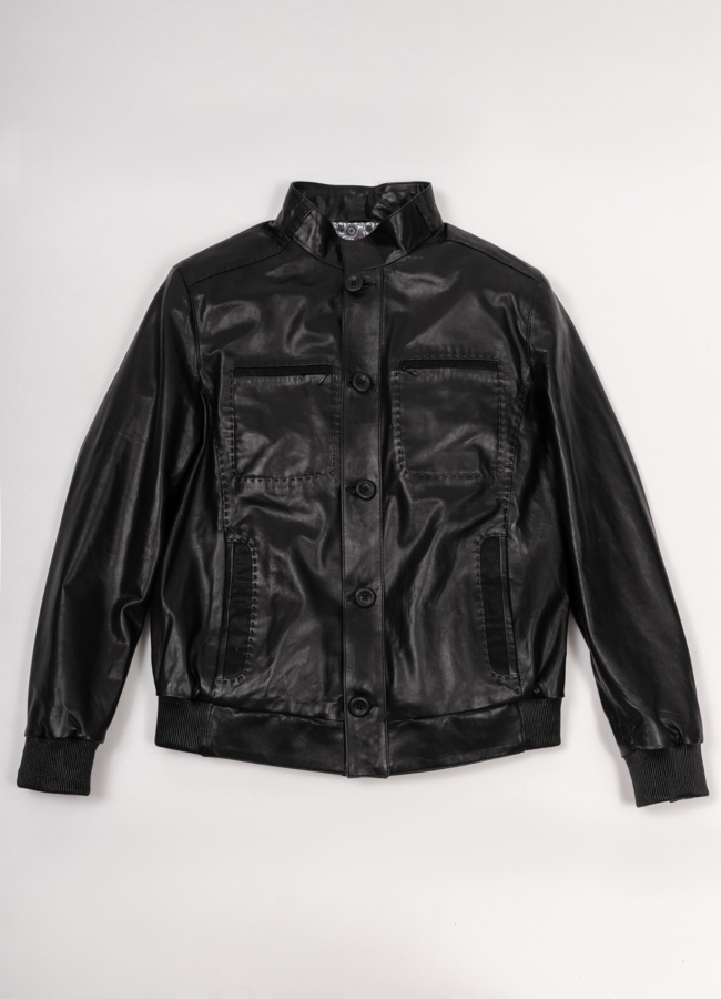 Куртка кожаная черного цвета модель № С-110 меха малина