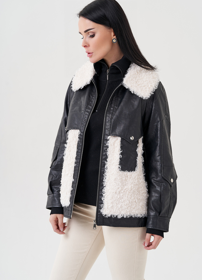 Куртка из эко кожи на утеплителе с отделкой из эко меха модель № FA-108 в кредит