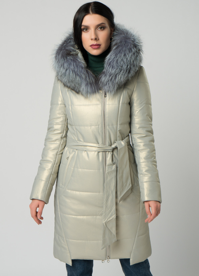 Пуховик из эко кожи с чернобуркой модель № 19073 меха малина