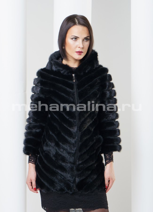 Жакет из норки с капюшоном модель № M--112 меха малина