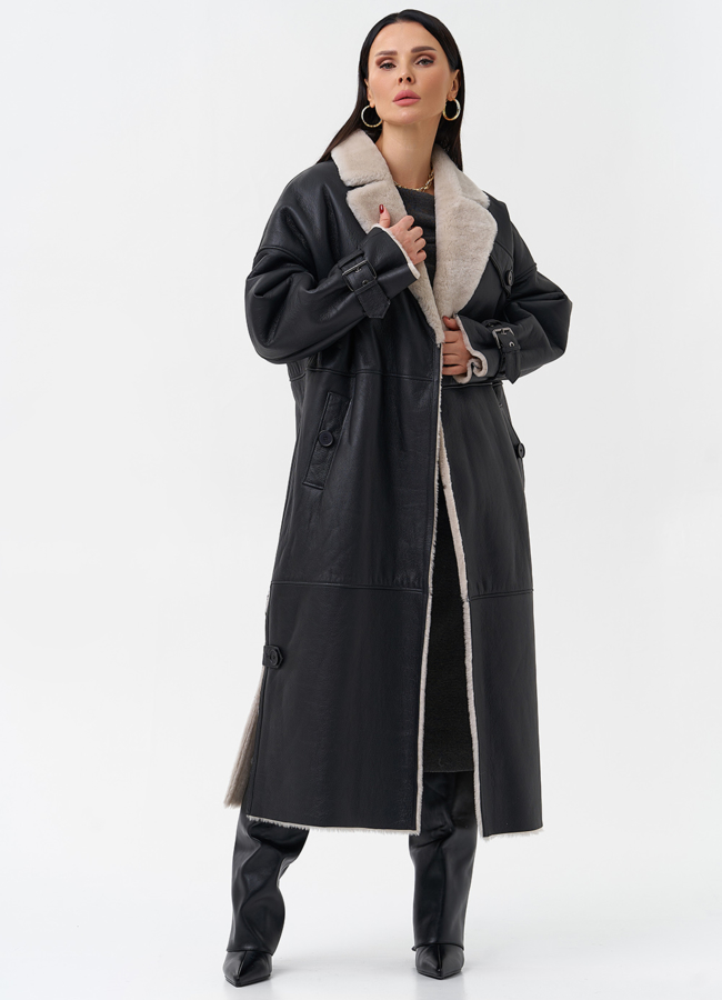 Удлиненная женская дубленка с английским воротником  модель № 23645 универмаг малина