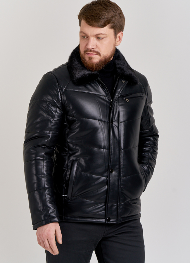 Пуховик мужской из искусственной кожи модель № П-513 меха малина