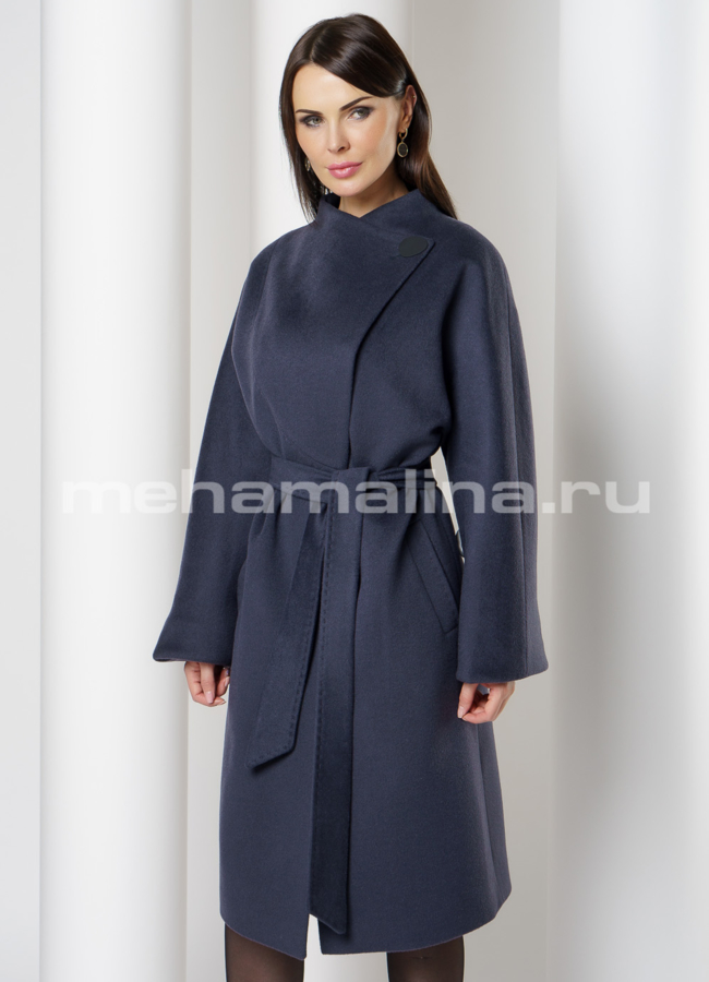 Пальто на поясе со стойкой цвет графит модель № 463 меха малина