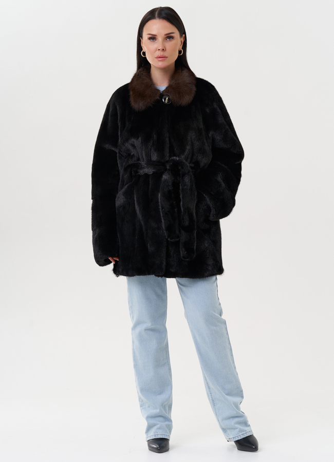 Женская норковая шуба с отделкой из куницы модель № 27587 в кредит