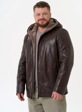 Мужская дубленка коричневого цвета с капюшоном
