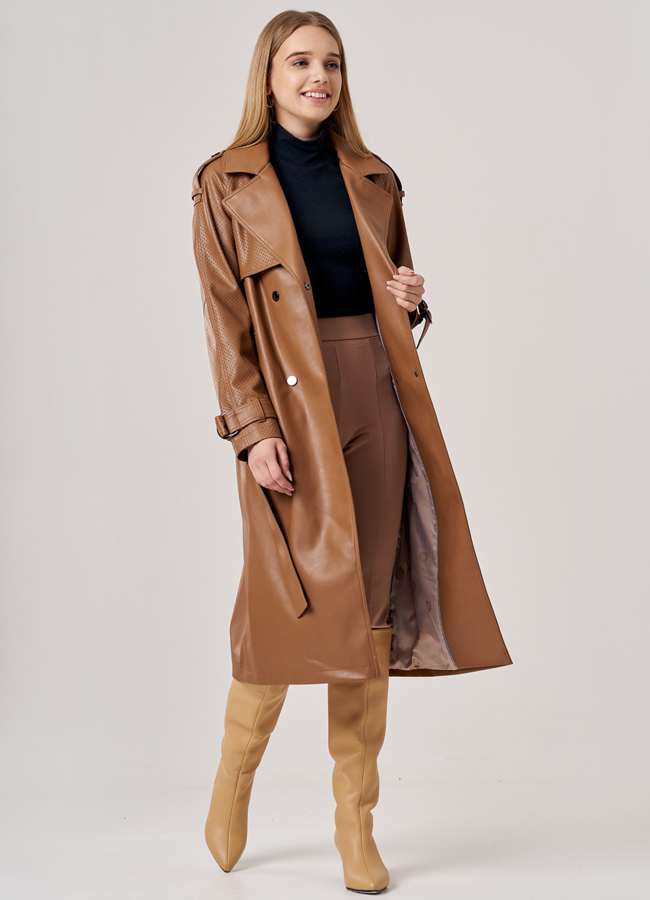 Коричневый тренч из искусственной кожи модель № 606 универмаг малина