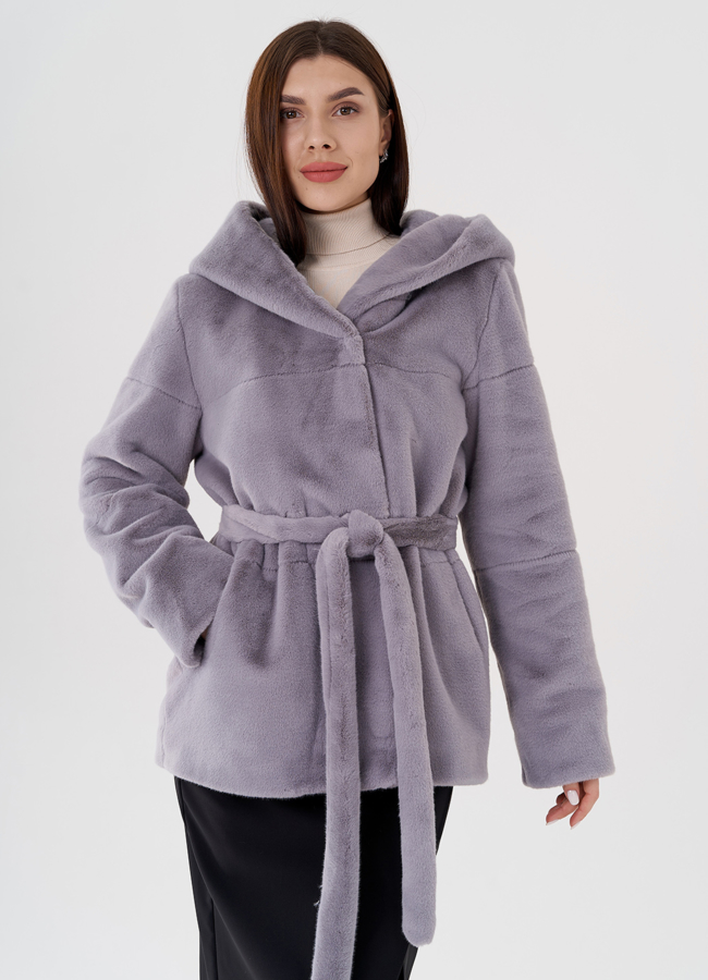 Женская куртка из эко меха в сером цвете модель № 23531 меха малина