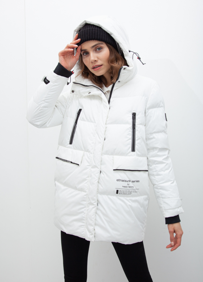 Пуховик женский белого цвета с капюшоном модель № 21027 меха малина