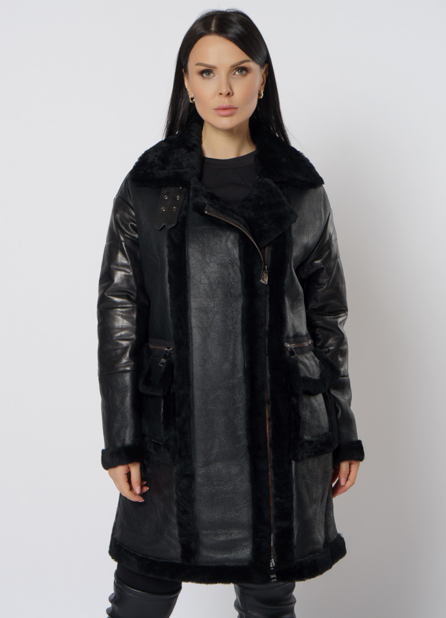 Пуховик из натуральной кожи с мехом модель № 21790 меха малина