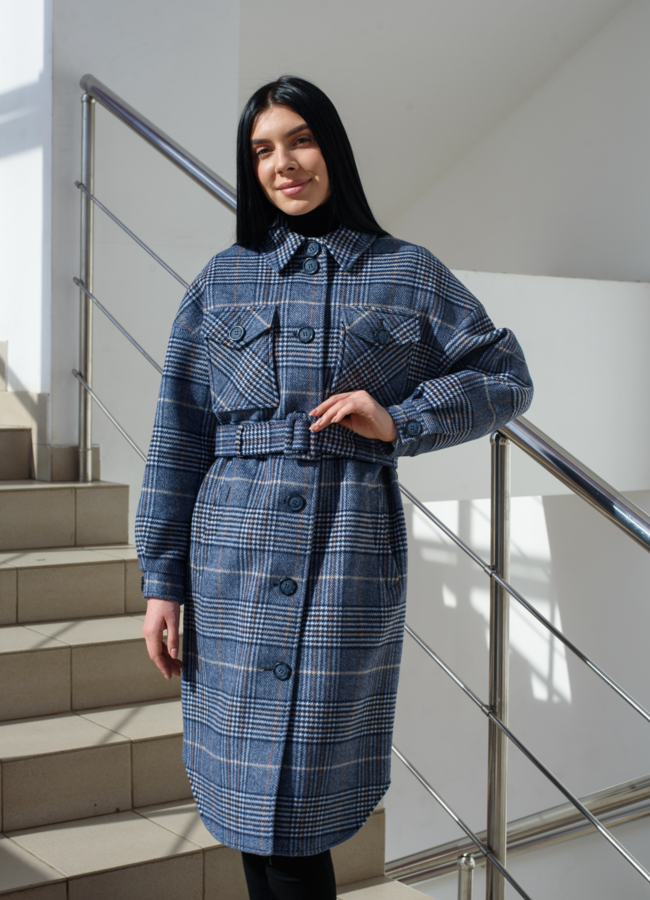 Женское пальто - рубашка синего цвета модель № 21837 в кредит