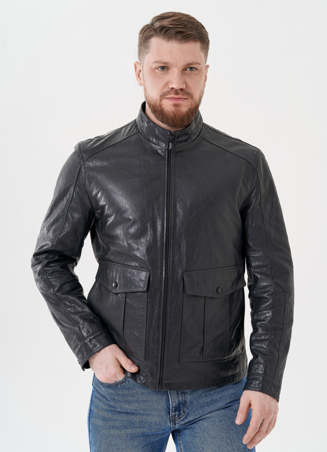 Мужская кожаная куртка серого цвета  модель № 24481 в кредит
