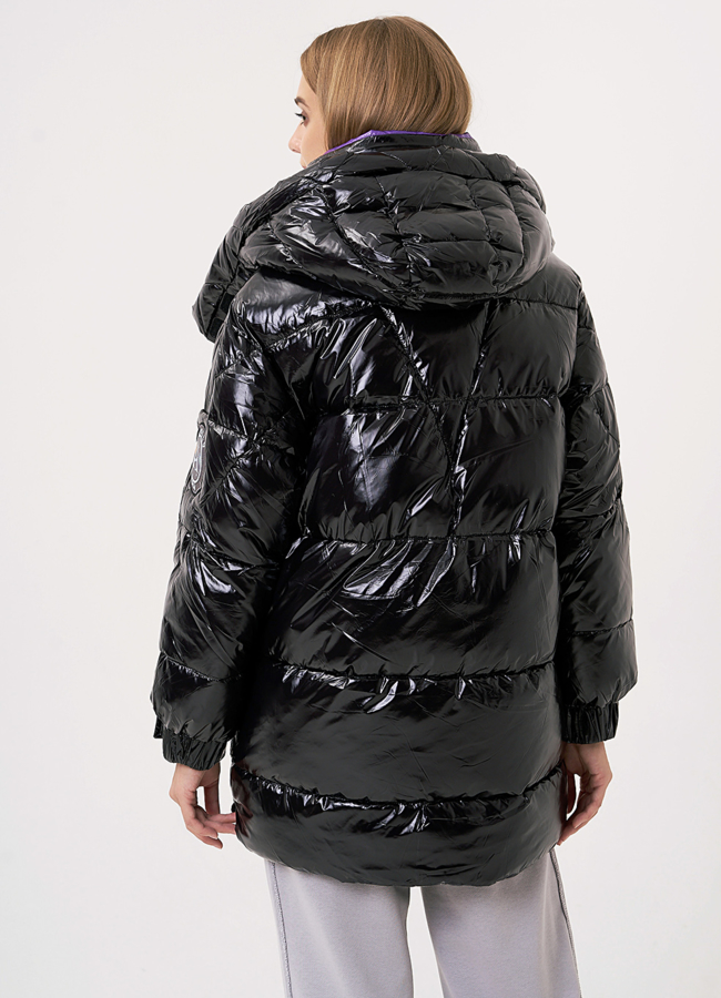 фото Черный пуховик из нейлона с капюшоном  модель № 509