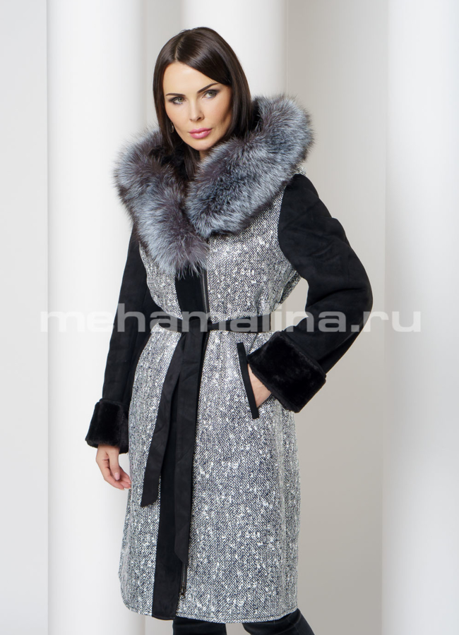 Дубленка из эко меха с капюшоном  модель № 1607 меха малина