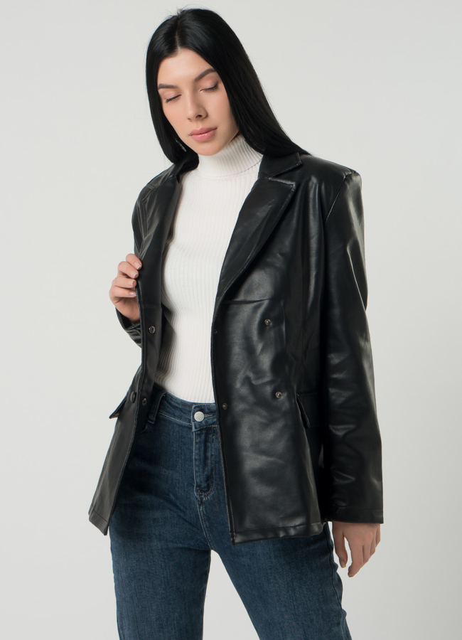 Женский пиджак черного цвета с поясом из эко кожи модель № 22408 универмаг малина