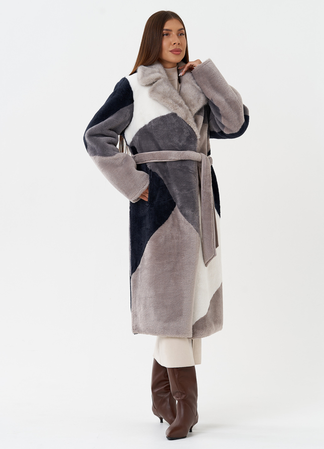 фото Двухсторонняя эко дубленка с поясом модель № 27776