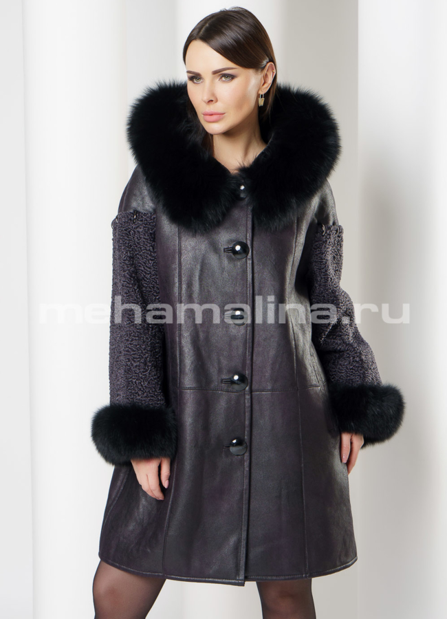 Удлиненная дубленка из эко кожи цвета графит модель № 7752 меха малина