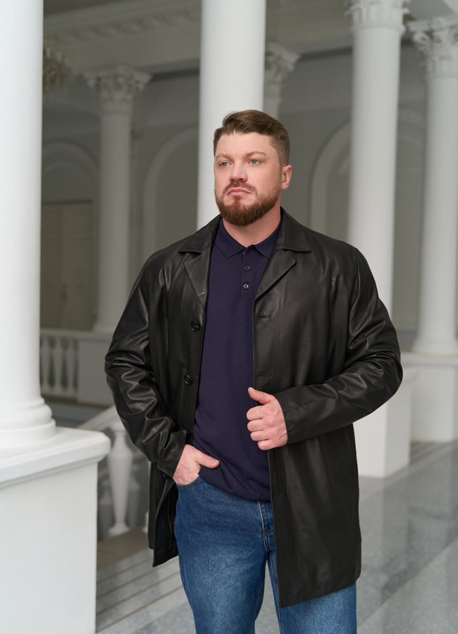 Мужской пиджак из натуральной кожи модель № 30060 меха малина Мужской пиджак из натуральной кожи модель № 30060 меха малина