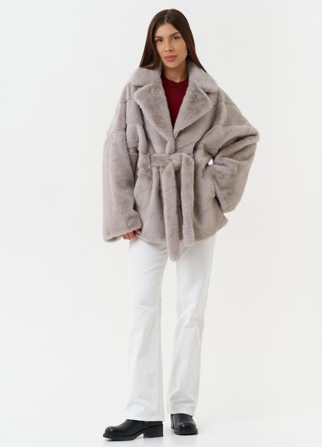 Короткая шуба из эко меха с поясом модель № 27714 меха малина