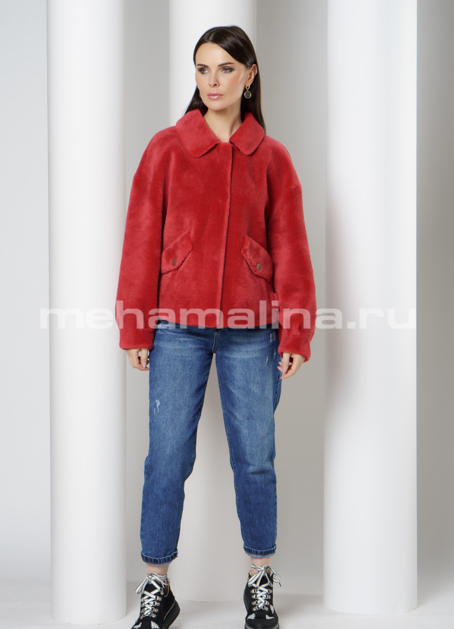 фото Укороченная шуба из эко меха красного цвета модель № 1012
