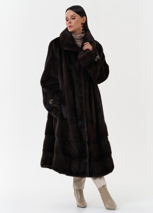 Длинная шуба из скандинавской норки с воротником апаш модель № 27598 в кредит