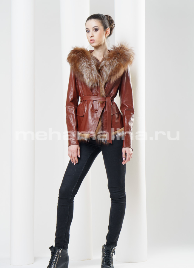 Кожаная куртка, отделка по капюшону лиса модель № K-272 в рассрочку