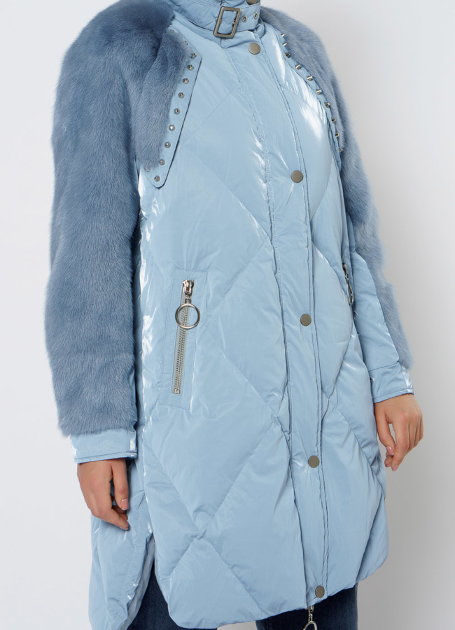 Пуховик женский голубого цвета модель № 19-221 в рассрочку