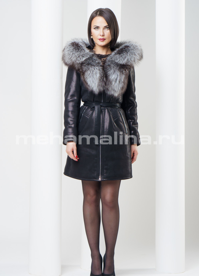 Дубленка из искусственной кожи черного цвета с чернобуркой модель № W-10 в рассрочку