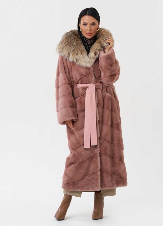 Норковая шуба с капюшоном из меха рыси модель № 28127 в рассрочку