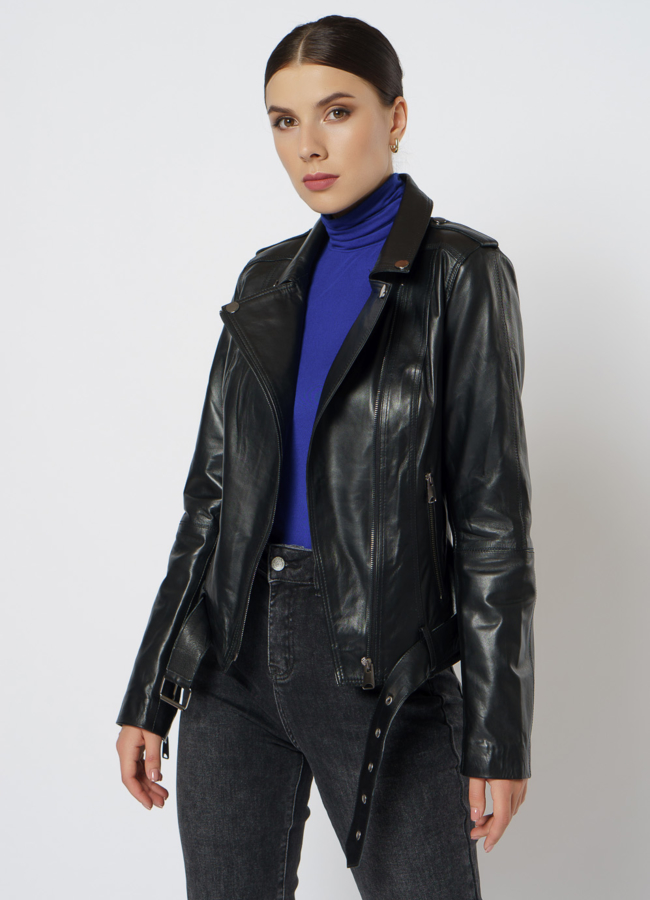 Кожаная куртка с поясом модель № 21608 универмаг малина