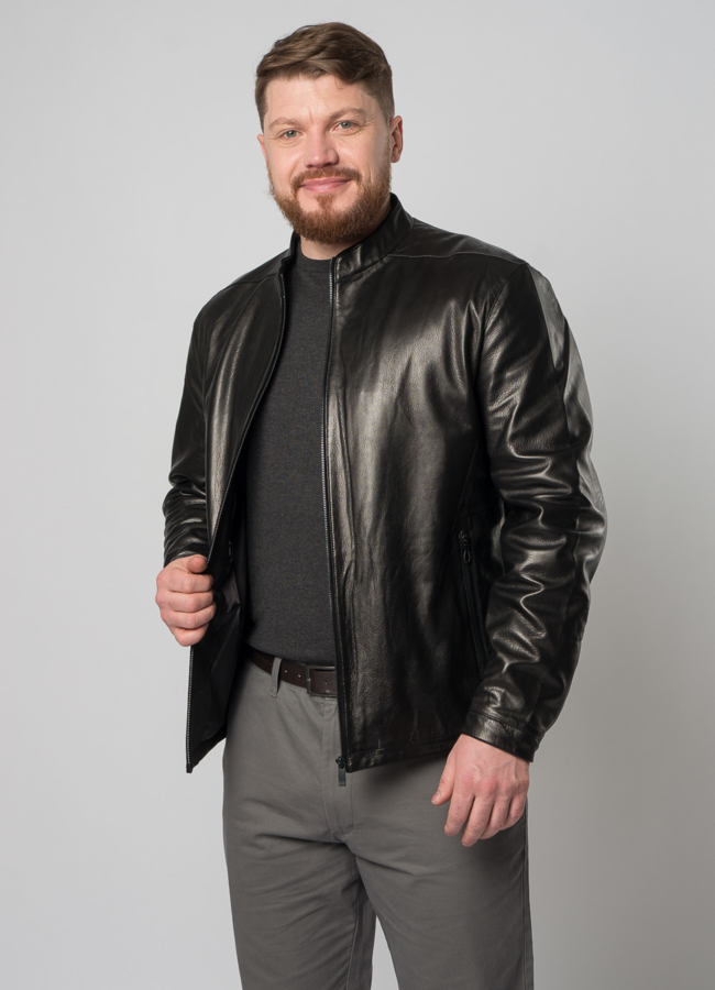 Куртка кожаная черного цвета на молнии модель № W9099 универмаг малина