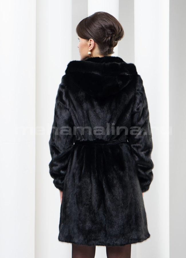 Шуба норка с капюшоном, на поясе модель № S-138 в кредит