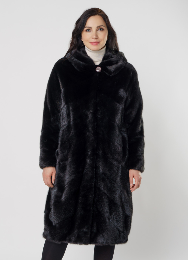 Черная норковая шуба с капюшоном модель № 381 меха малина