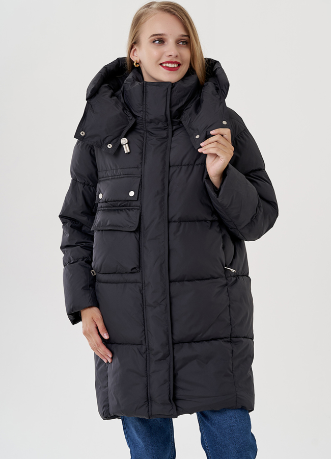 Женский пуховик черного цвета с капюшоном  модель № 82041 в кредит
