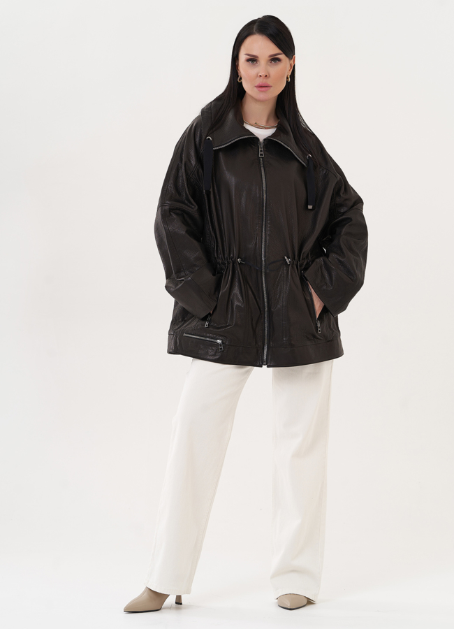 фото Кожаная куртка оверсайз черного цвета модель № 27140