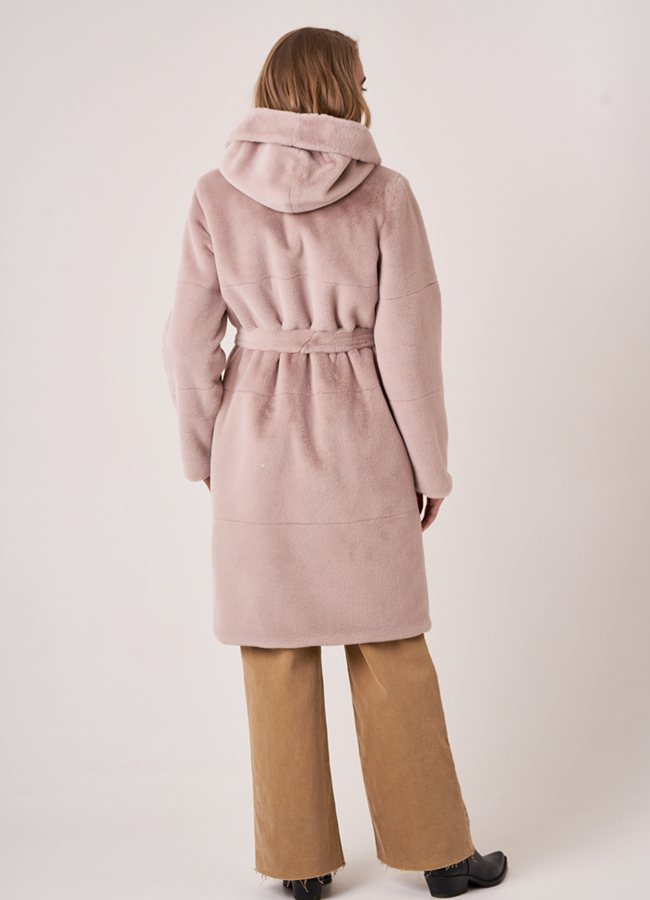 Двусторонняя эко шуба с капюшоном модель № 19355 в кредит