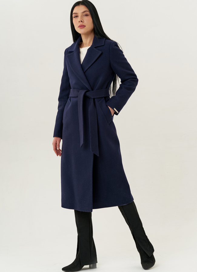 Классическое женское пальто темно-синего цвета с поясом модель № 21899 в рассрочку