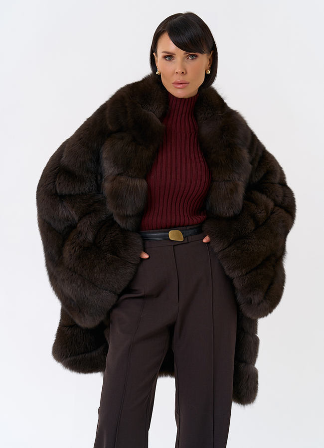 Шуба кимоно из песца модель № 32015 меха малина