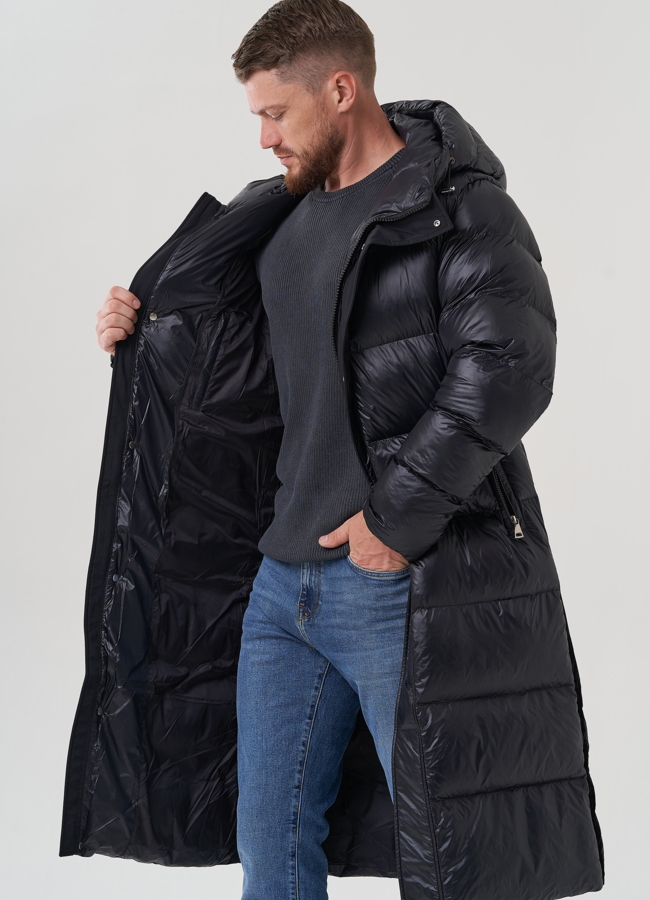 Пуховик мужской черного цвета с капюшоном  модель № 82442 универмаг малина