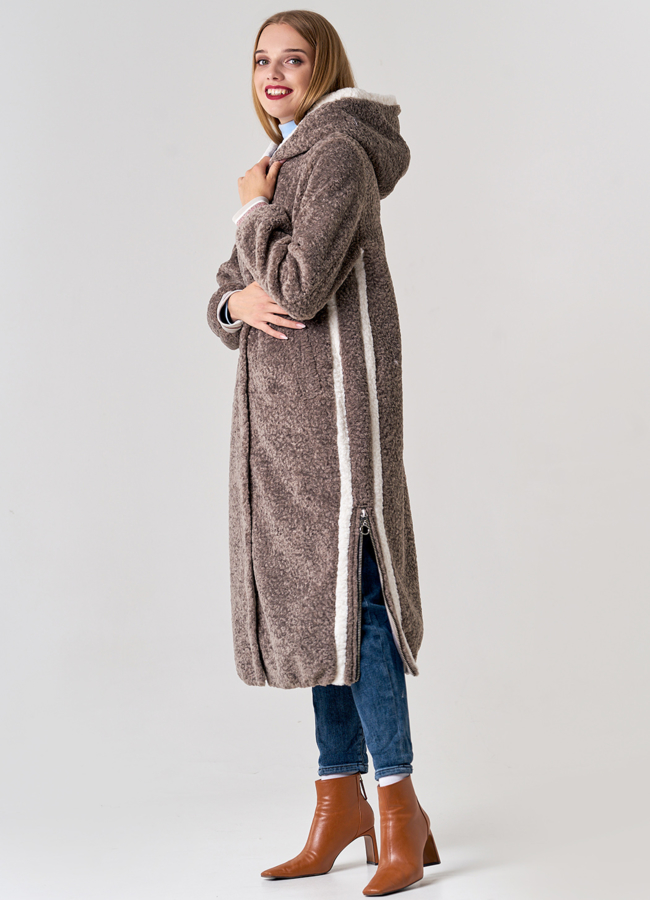 Удлиненное пальто с капюшоном в бежевом цвете модель № 21569 универмаг малина