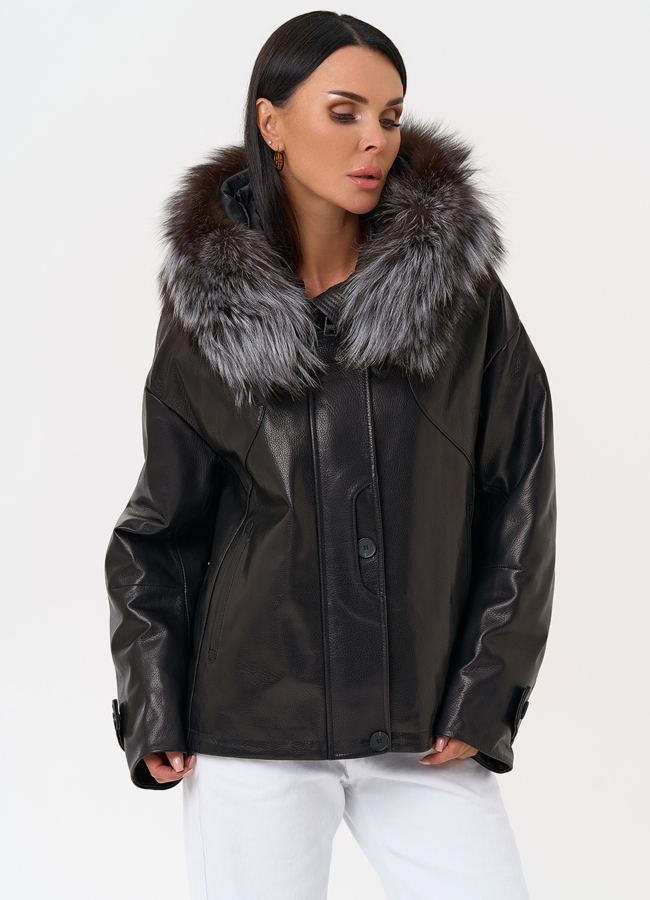 Куртка с капюшоном из натуральной кожи модель № 6695 меха малина