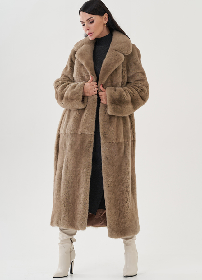 Длинная шуба из норки в цвете пастель модель № 24835 универмаг малина