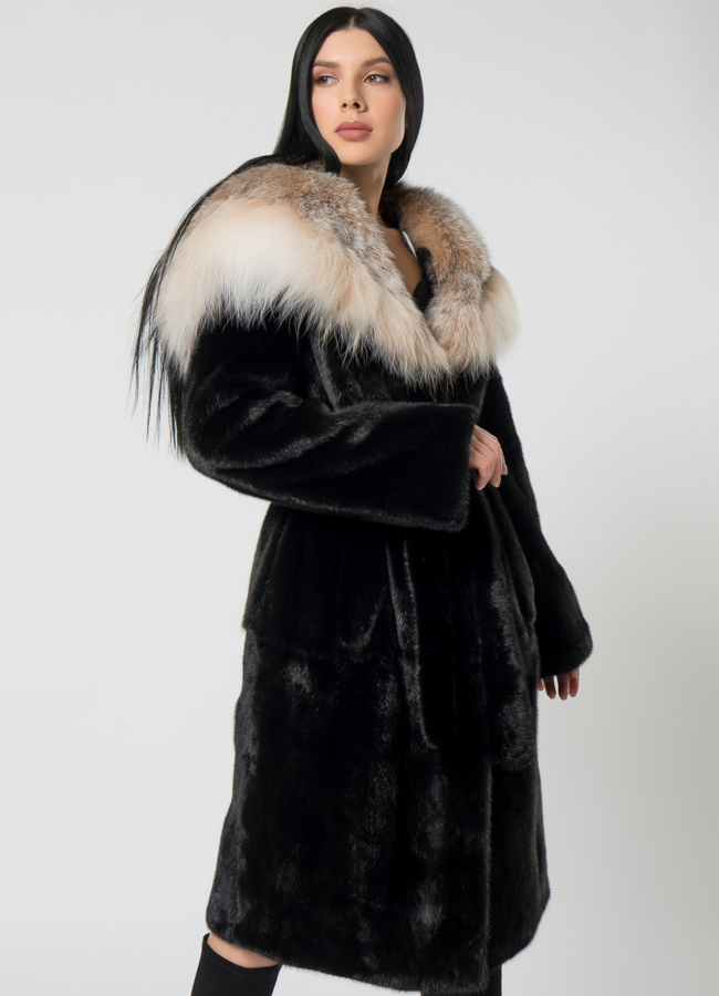 Шуба из скандинавской норки с рысью модель № 1501 меха малина