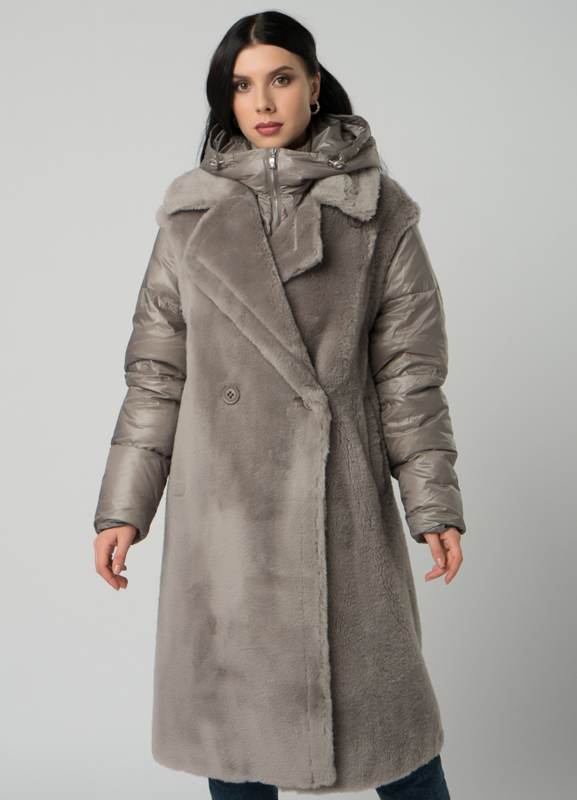 Пальто трансформер из эко меха серого цвета модель № 21551 меха малина
