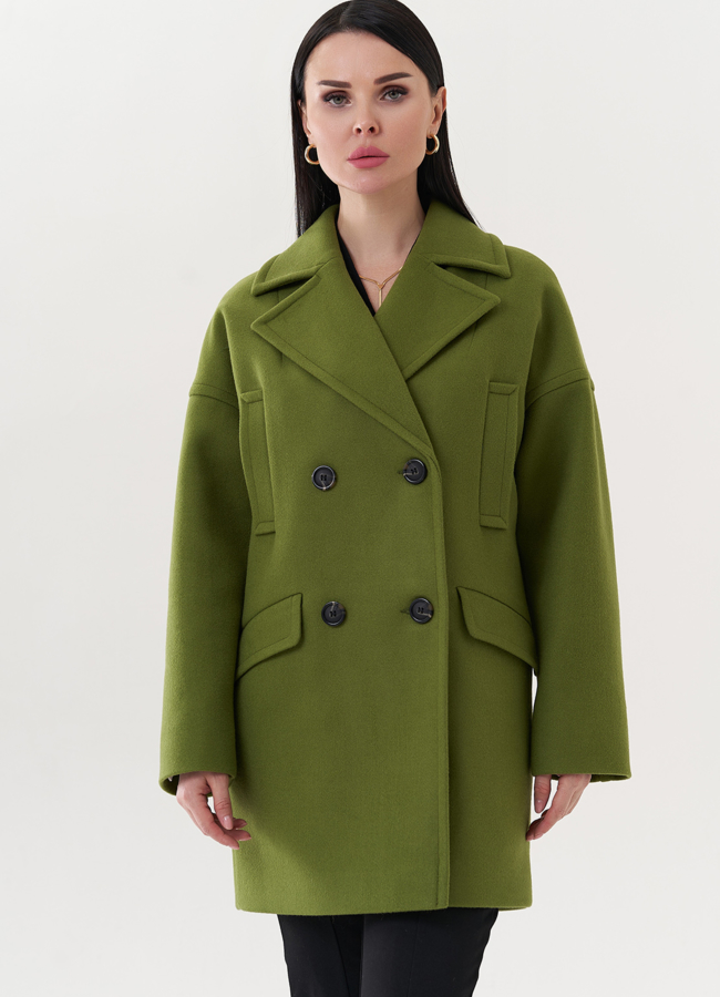фото Двубортное пальто зеленого цвета модель № 26782