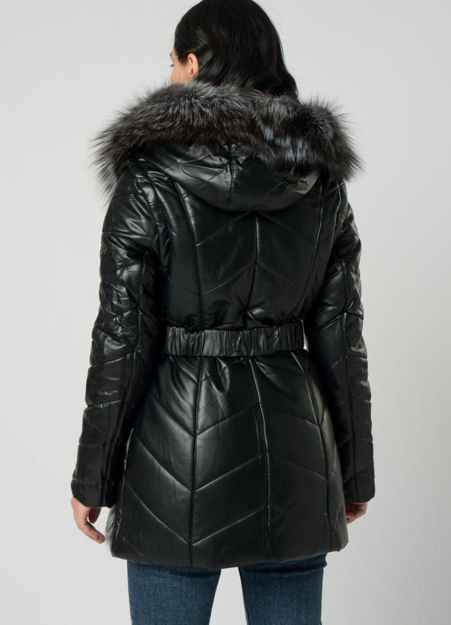 Пуховик трансформер из эко кожи черного цвета с чернобуркой модель № 19560, 76642 в рассрочку