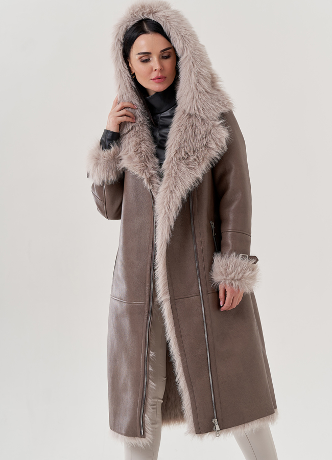 Женская дубленка из эко кожи с отделкой под тоскану  модель № 79494 в кредит