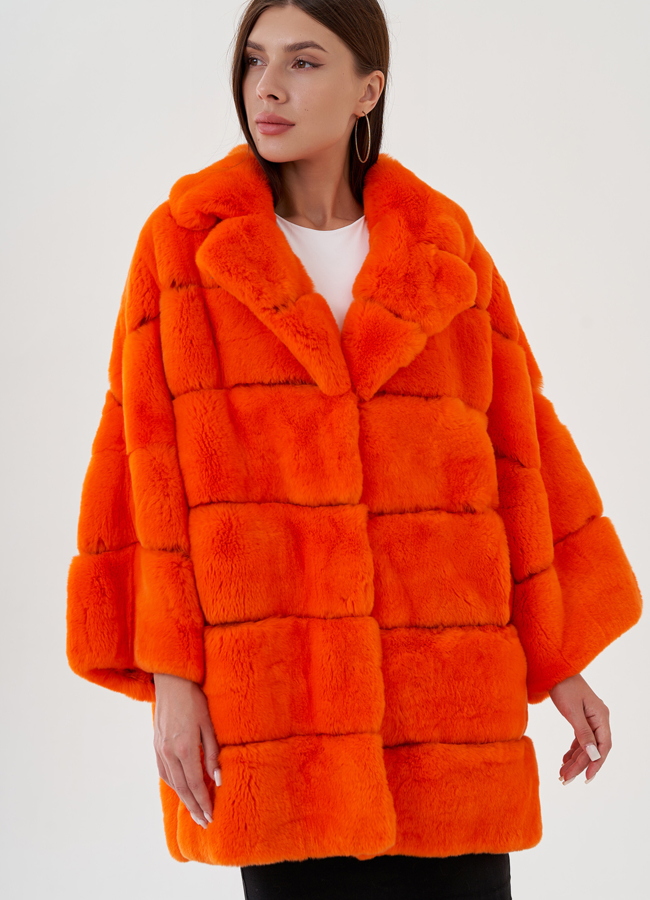 Укороченная шуба из меха кролика в оранжевом цвете модель № 81495 универмаг малина