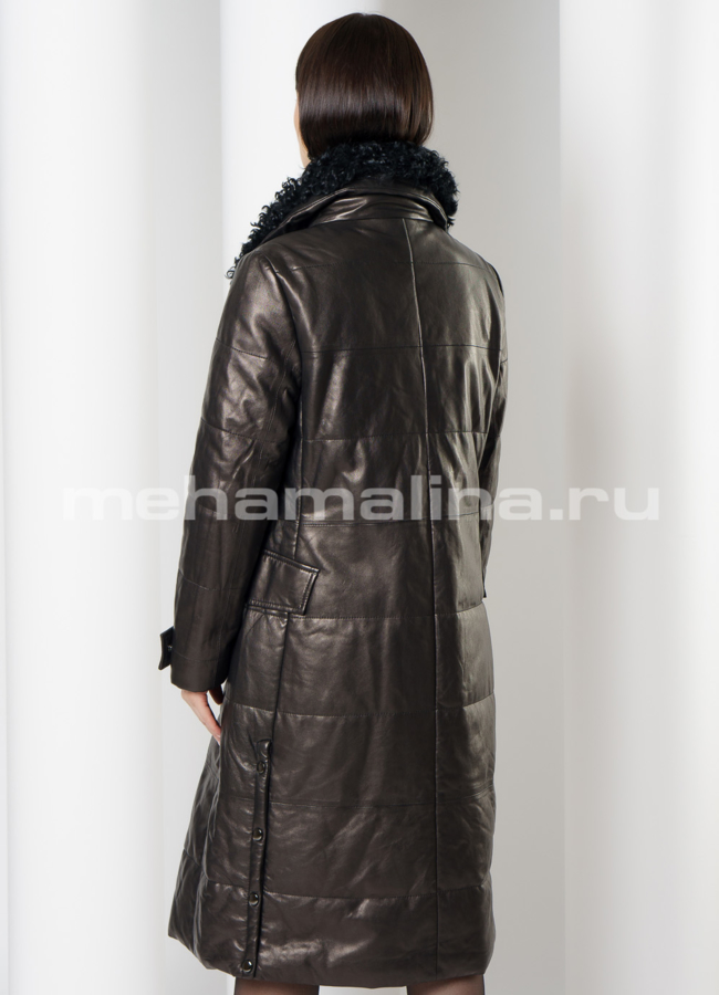 фото Приталенный кожаный пуховик на молнии с воротником модель № 916