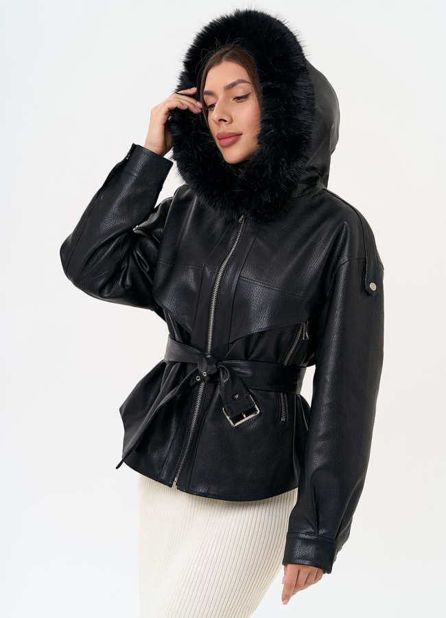 фото Женская утепленная куртка из эко кожи с поясом модель № 31494 фото Женская утепленная куртка из эко кожи с поясом модель № 31494