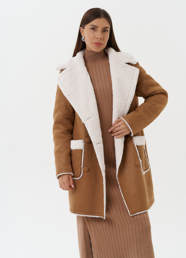 Двухсторонняя дубленка из эко кожи с поясом модель № 27768 в рассрочку